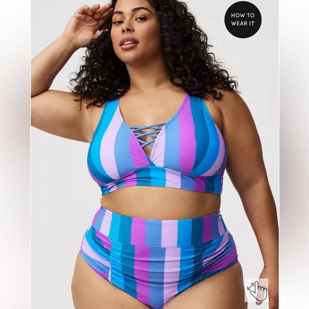 New! Set! Torrid sz 3 Cool Stripe Multi XO Bathing‎ Swim Suit Top Bottom 3X